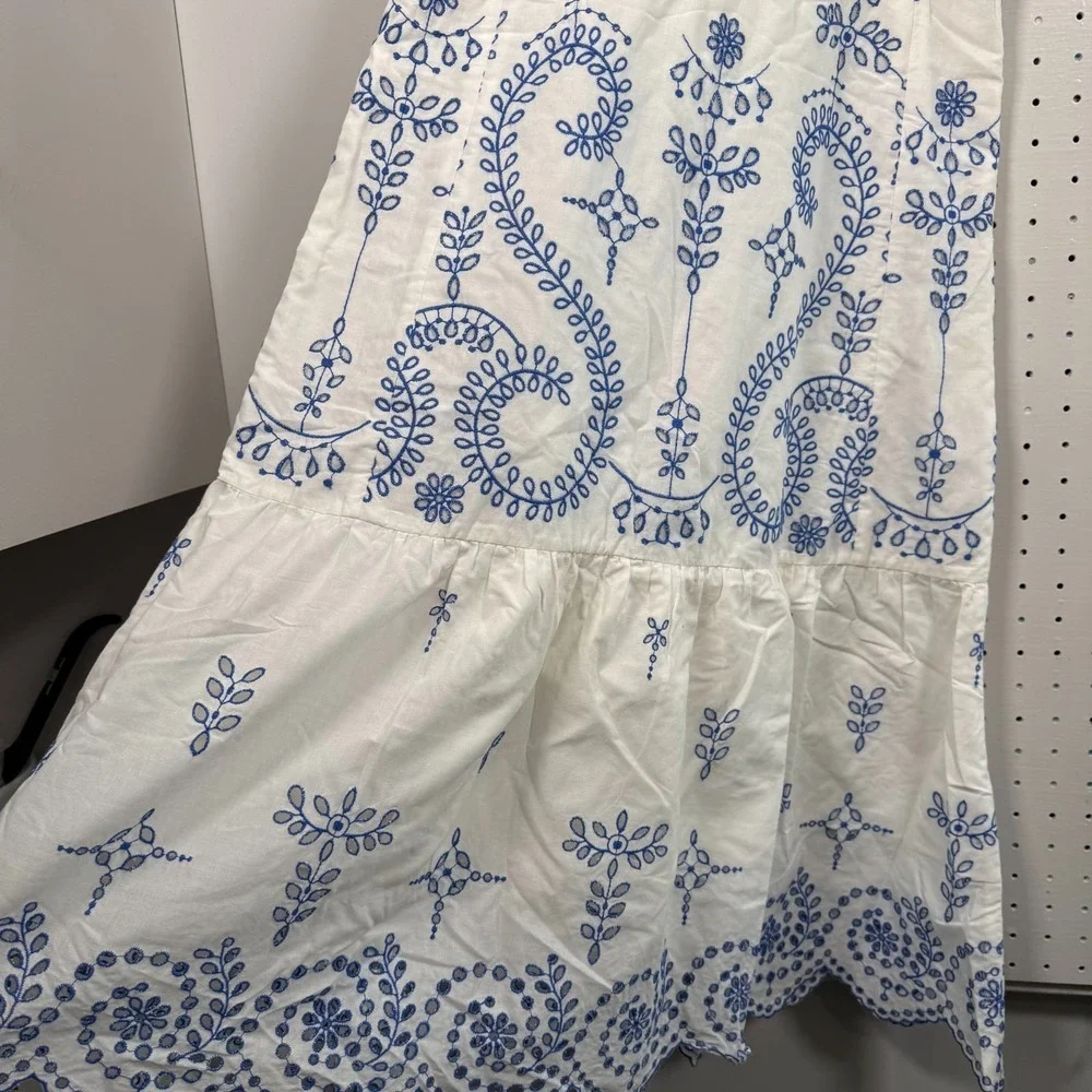 Tory Burch Floral Mariana Dress Womens Blue‎ White Embroidered Scallop Hem - 4